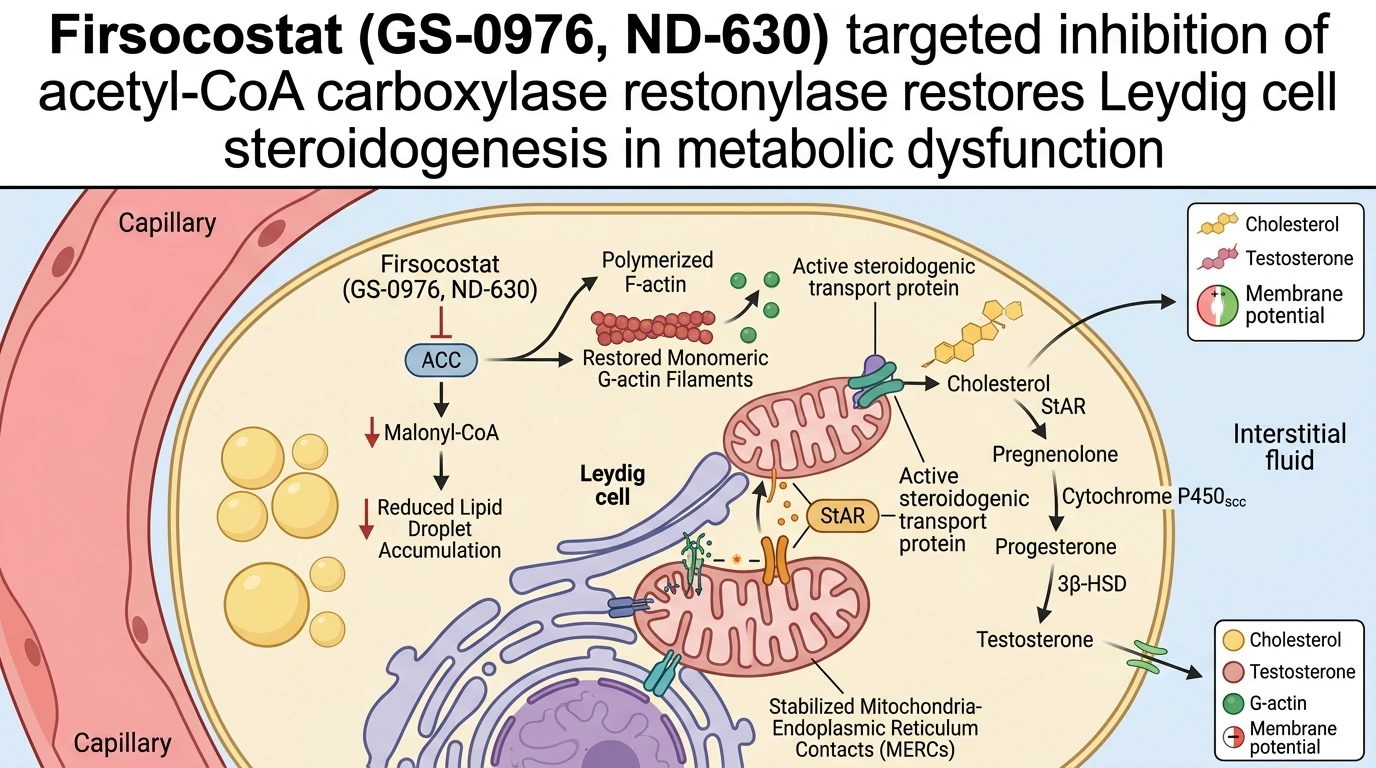 Schematic illustration of acetyl-CoA carboxylase de novo lipogenesis pathway restoration in Leydig cell mitochondrial contacts