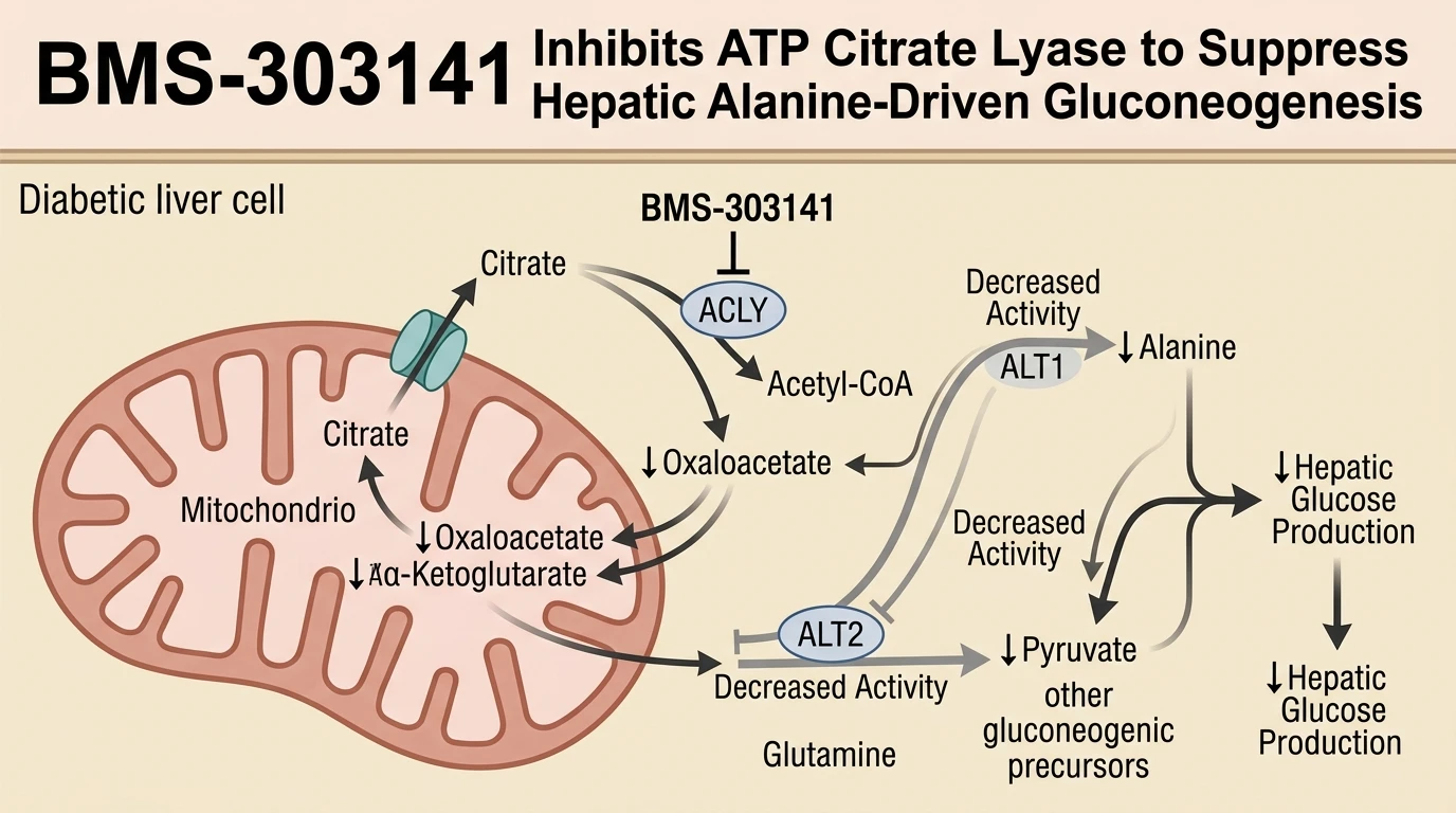 Schematic diagram of ATP citrate lyase signaling pathway showing gluconeogenesis inhibition in diabetic liver cells