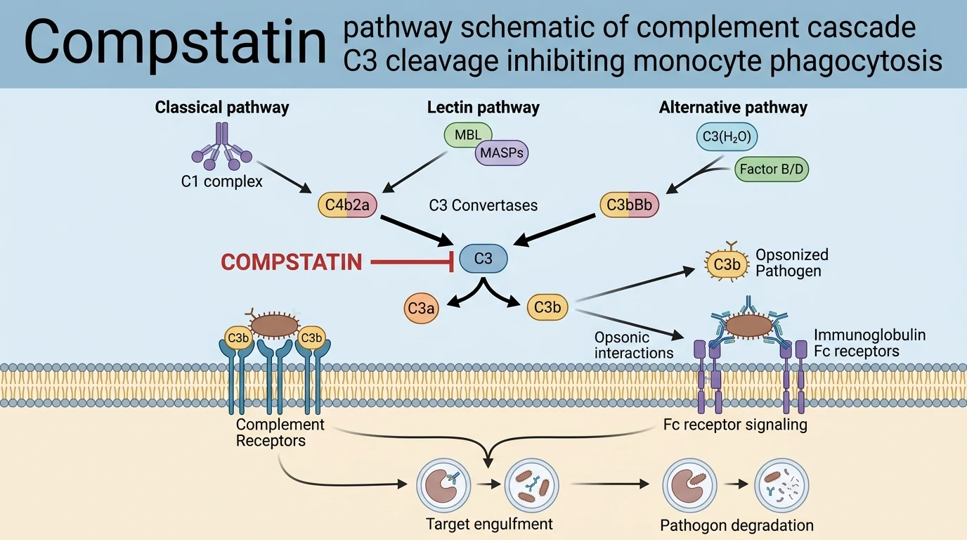 Compstatin pathway schematic of complement cascade C3 cleavage inhibiting monocyte phagocytosis