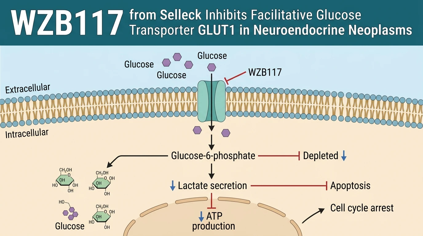 Schematic diagram of facilitative glucose transport in cancer cells showing GLUT1 inhibition by WZB117