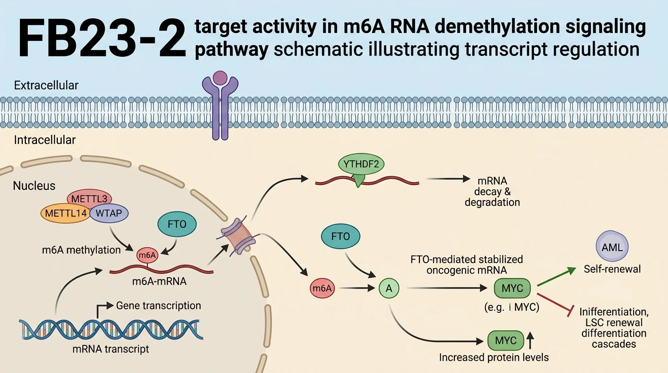 FB23-2 target activity in m6A RNA demethylation signaling pathway schematic illustrating transcript regulation