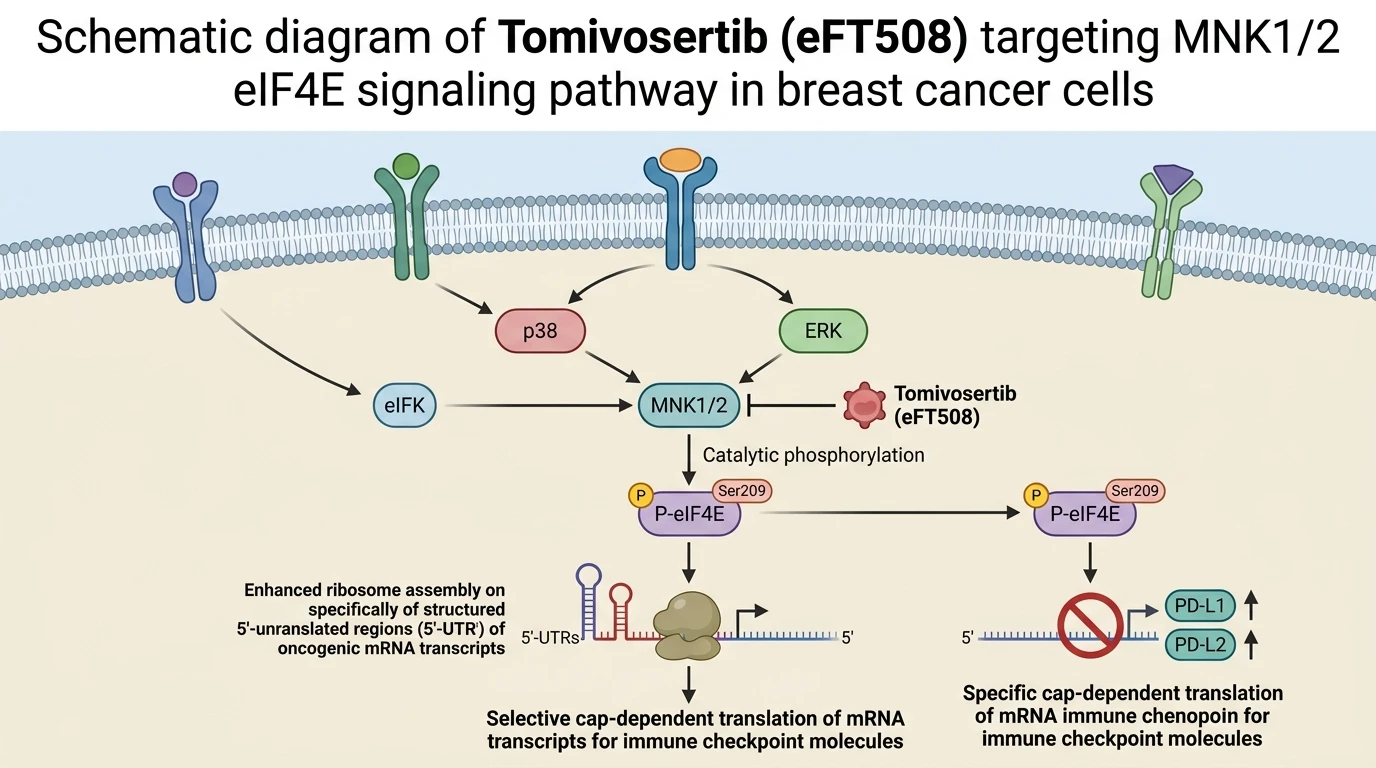 Schematic diagram of Tomivosertib eFT508 targeting MNK1/2 eIF4E signaling pathway in breast cancer cells