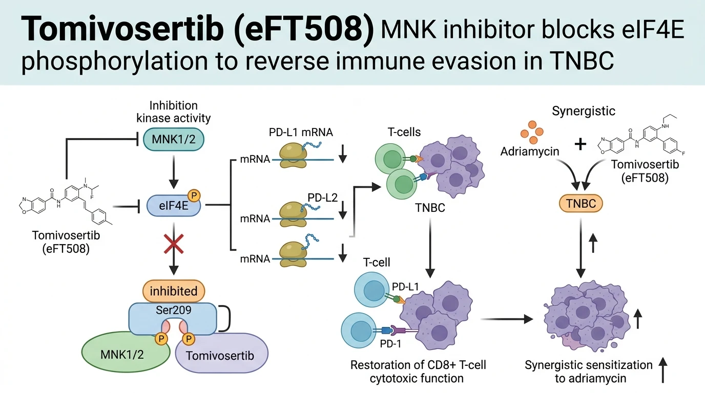 Schematic diagram of MNK1/2 eIF4E signaling pathway in breast cancer showing translational suppression