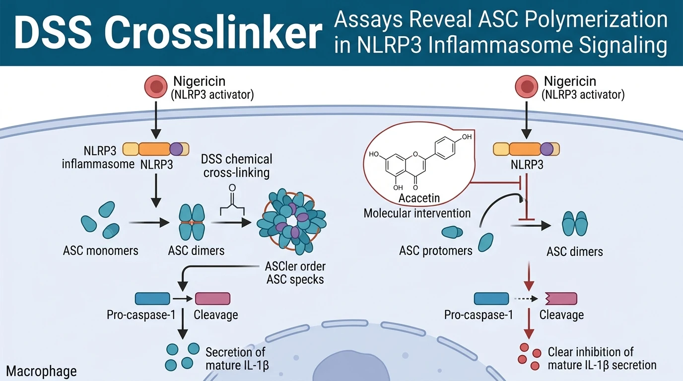 Schematic diagram of NLRP3 Inflammasome Signaling Pathway in macrophages showing ASC oligomerization inhibition