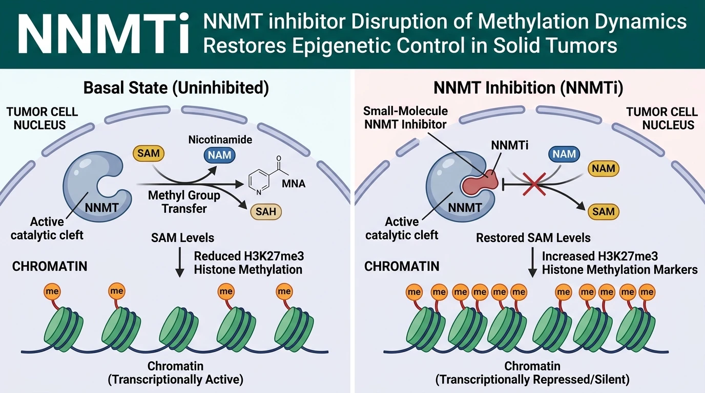 Schematic diagram of nicotinamide N-methyltransferase methylation pathway in cancer cells showing SAM consumption and epigenetic regulation