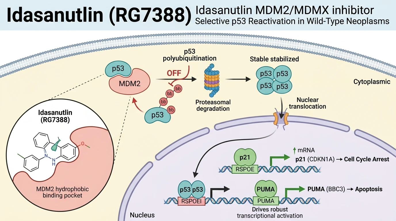Schematic diagram of p53 MDM2 signaling pathway in cancer cells showing MDM2 inhibition preventing p53 degradation
