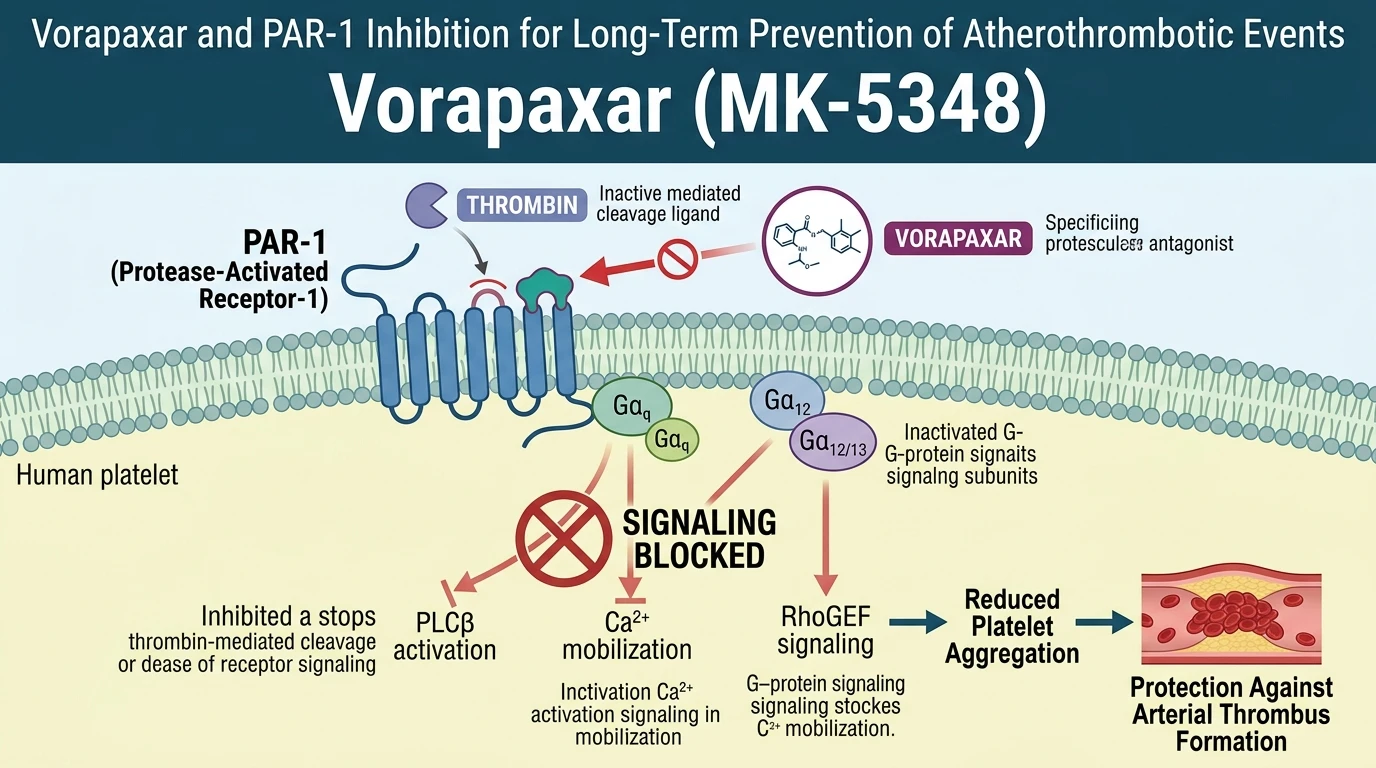 Schematic diagram of PAR-1 thrombin signaling pathway inhibition preventing platelet activation in vascular thrombosis