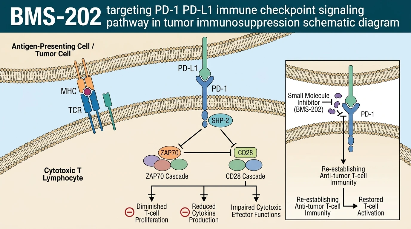 BMS-202 targeting PD-1 PD-L1 immune checkpoint signaling pathway in tumor immunosuppression schematic diagram