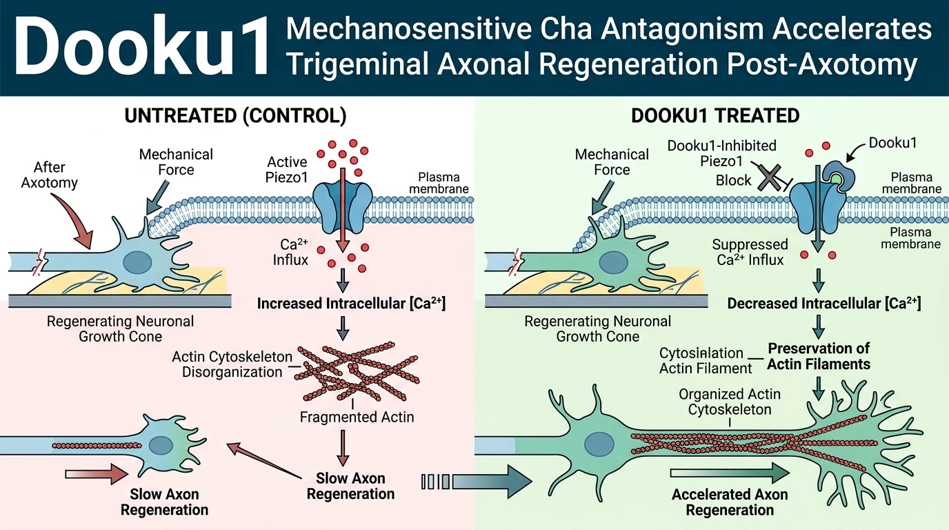Schematic diagram of Piezo1 mechanosensitive ion channel pathway in axotomized neurons showing calcium channel inhibition