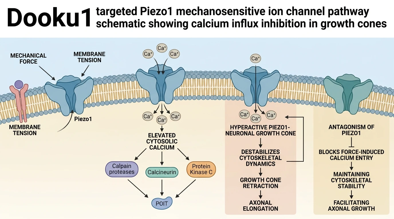 Dooku1 targeted Piezo1 mechanosensitive ion channel pathway schematic showing calcium influx inhibition in growth cones