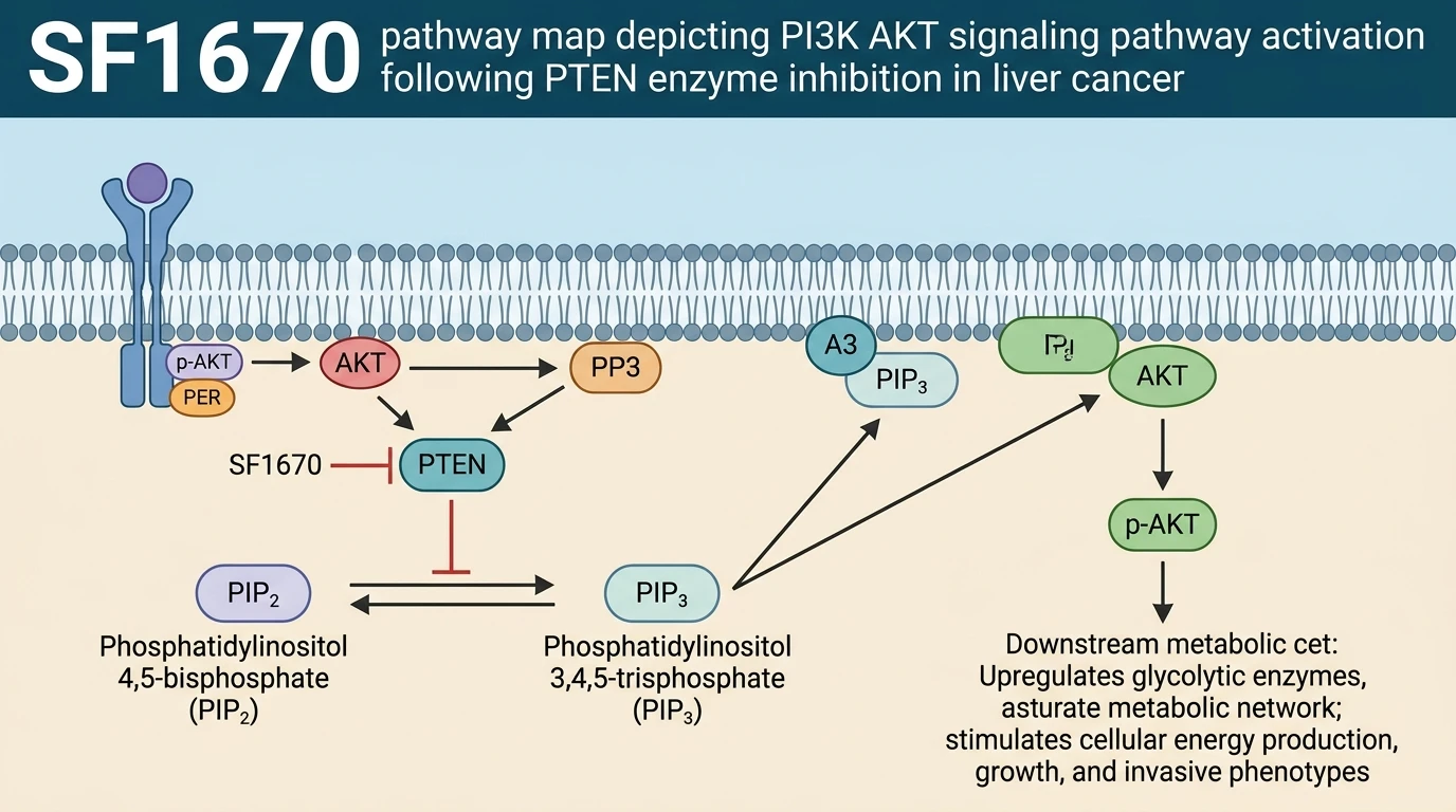SF1670 pathway map depicting PI3K AKT signaling pathway activation following PTEN enzyme inhibition in liver cancer